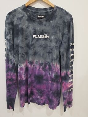 PLAYBOY Tie-Dye Women's Long Sleeve Tee - Purple & Gray Blend Size S